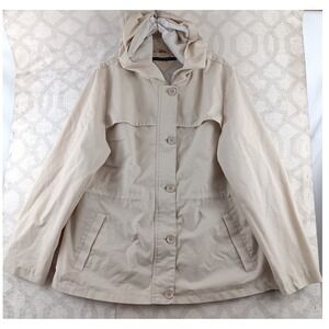 Tommy Hilfiger Beige Hooded Jacket Button Up Lined Lightweight Coat Womens Large